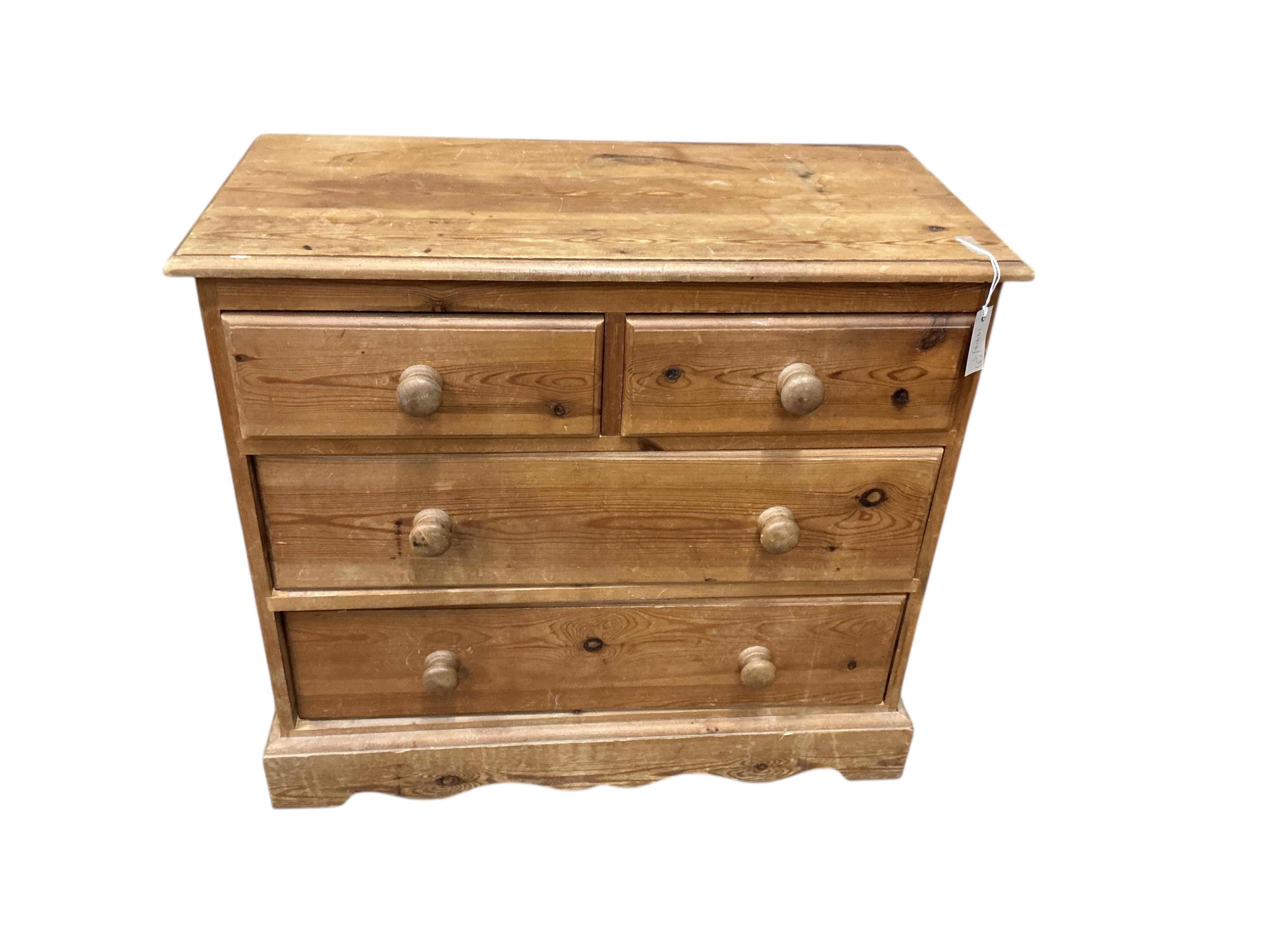 A small Victorian style pine chest, width 85cm, depth 42cm, height 76cm together with two pine bedside cabinets